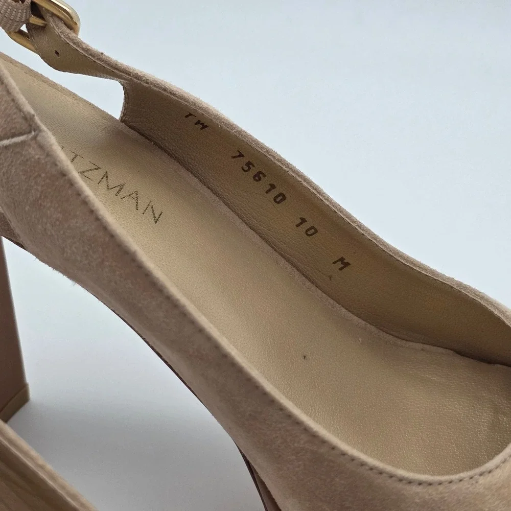 Stuart Weitzman Slingshot Block Heels Women 10 Tan Suede Platform‎ Wedding Guest